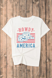 a white t - shirt with the words howdy america printed on it