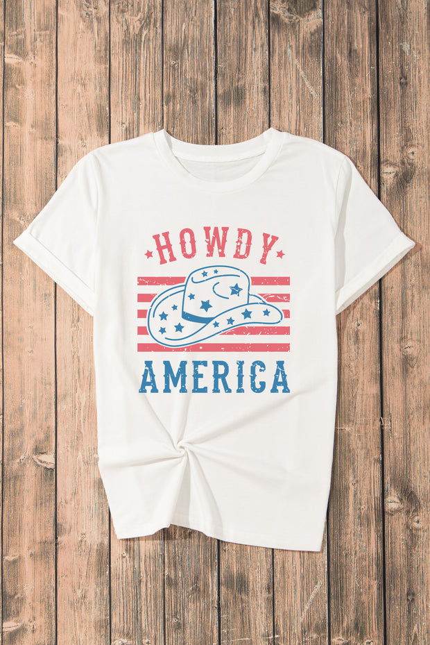a white t - shirt with the words howdy america printed on it