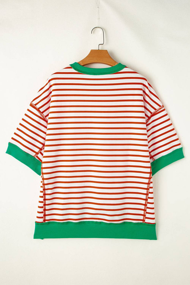 Stripe Oversized Contrast Trim Exposed Seam High Low T Shirt