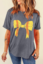 Gray Casual Baseball Bowknot Graphic Roll Up Sleeve Tee -