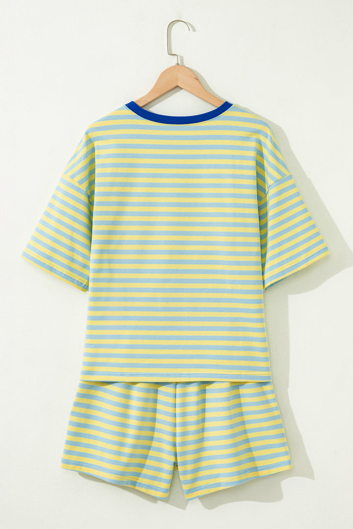 Stripe Drop Shoulder Boxy Casual Terry Short Set