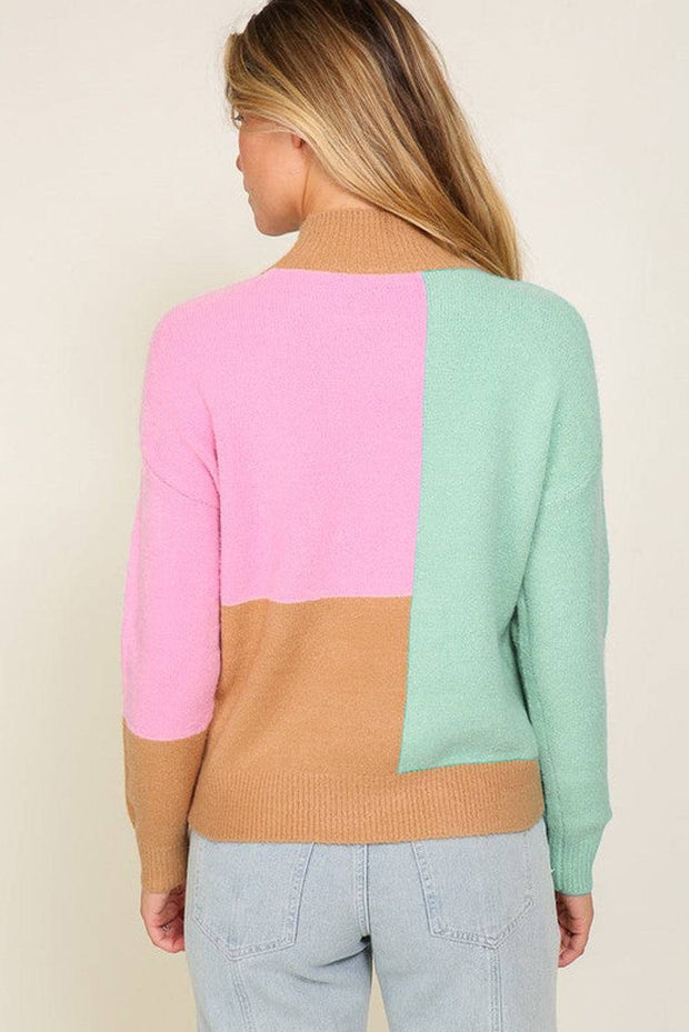 Multicolour Colorblock Mock Neck Ribbed Trim Sweater -
