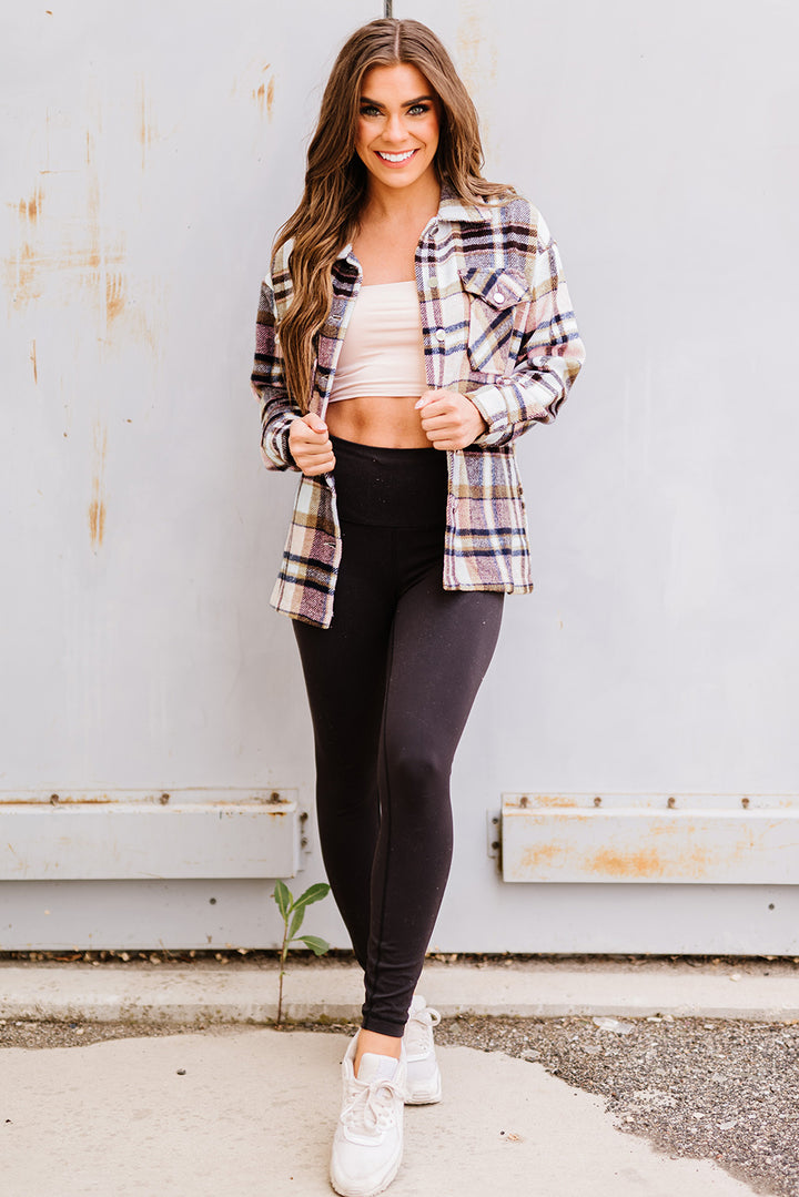 Geometric Plaid Print Pocketed Shacket -