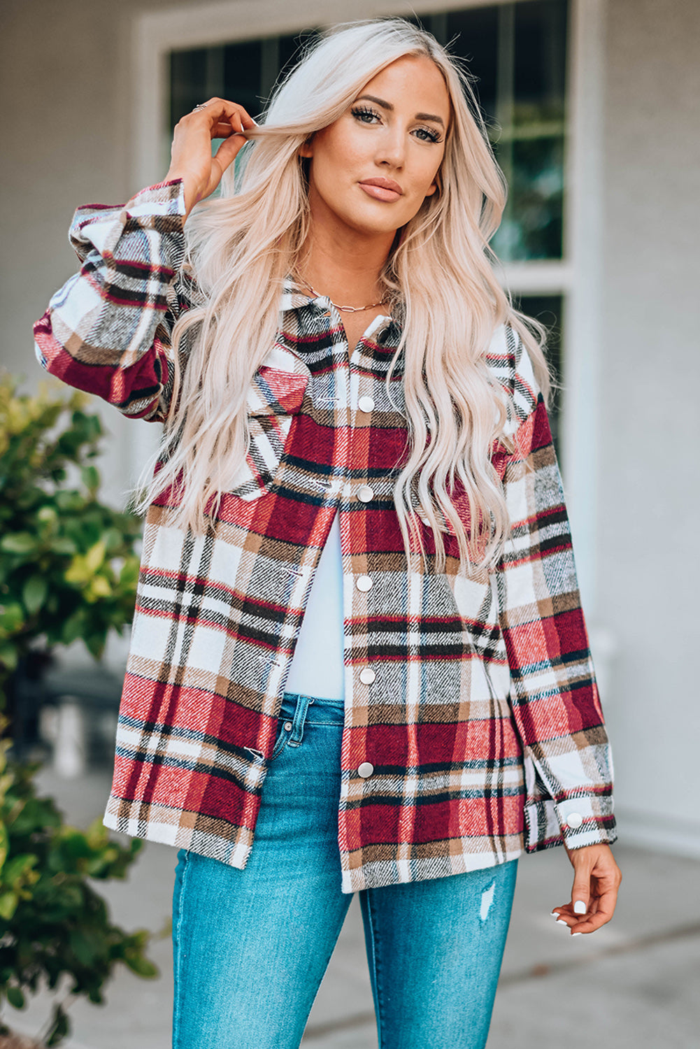 Geometric Plaid Print Pocketed Shacket -