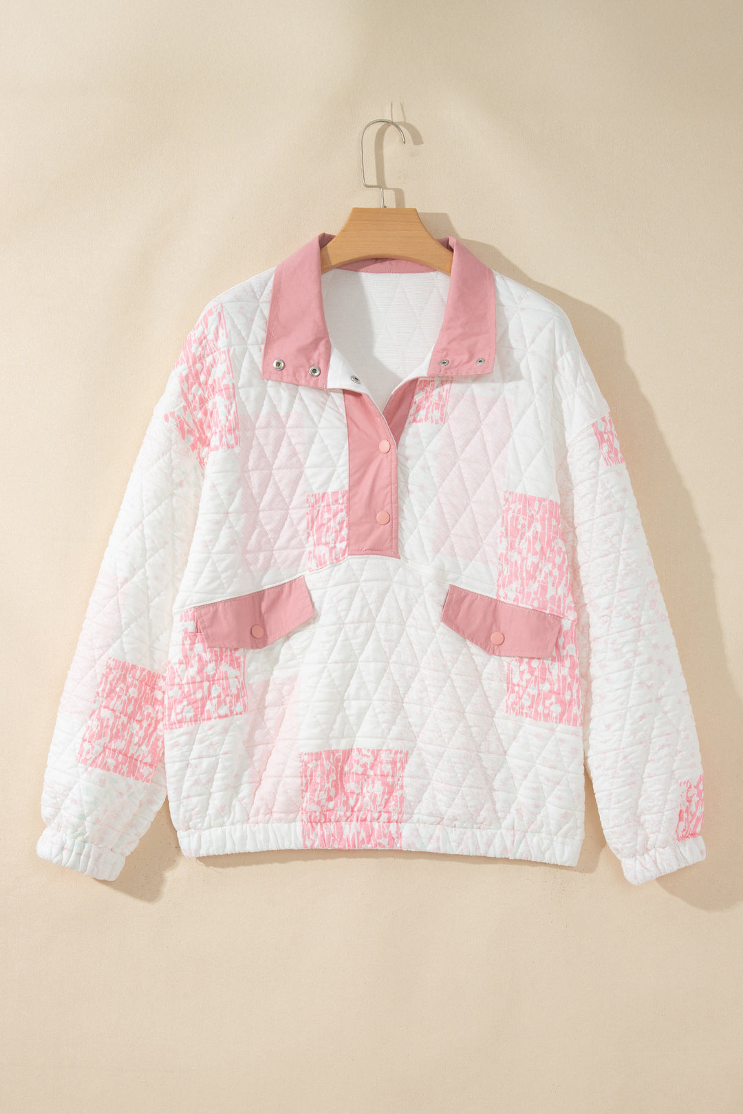 Floral Quilted Half Button Pocketed Pullover Sweatshirt