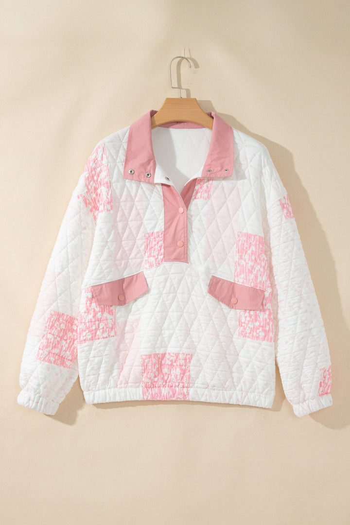 Floral Quilted Half Button Pocketed Pullover Sweatshirt