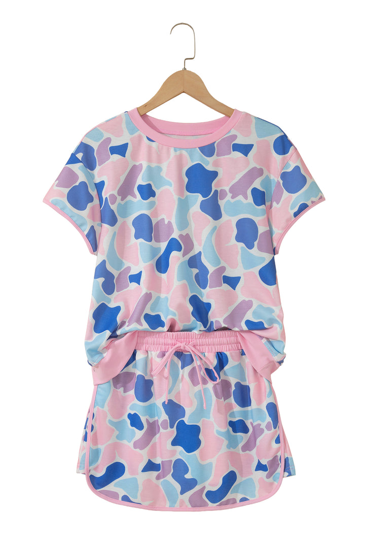 Pink Camouflage Print Contrast Trim Athletic Skort Set