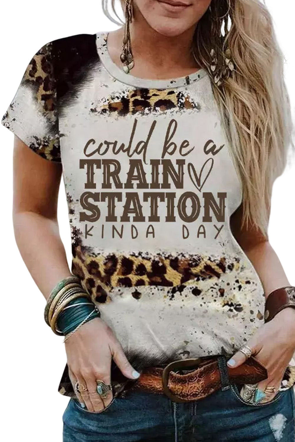 Brown TRAIN STATION Graphic Leopard Print T Shirt