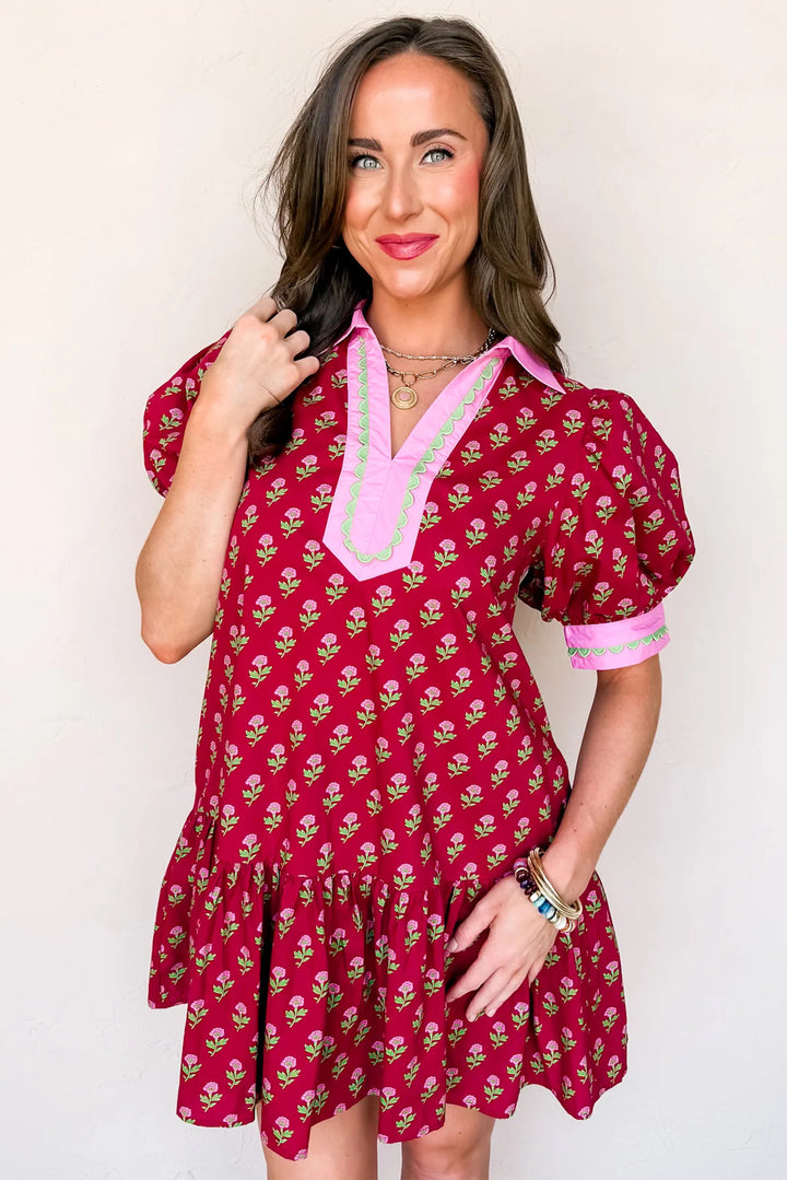 Red Floral Print Contrasted V Neck Short Bubble Sleeve Mini Dress