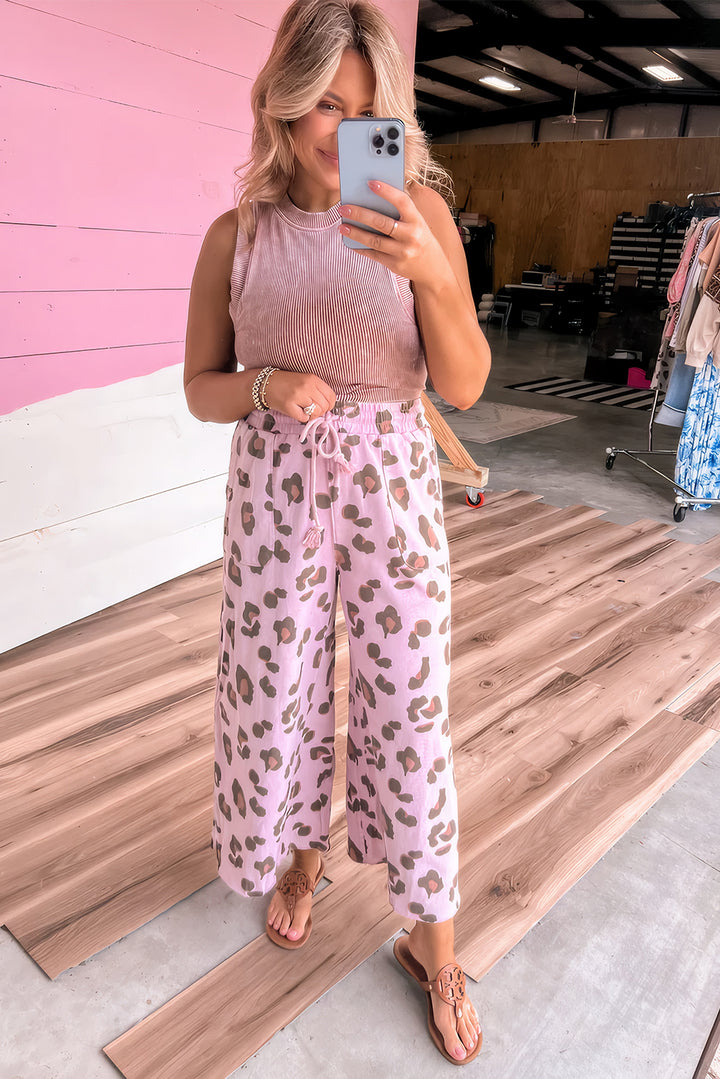 Drawstring Leopard Print Patch Pocket Loose Pants