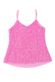 a pink tank top with sequins on it