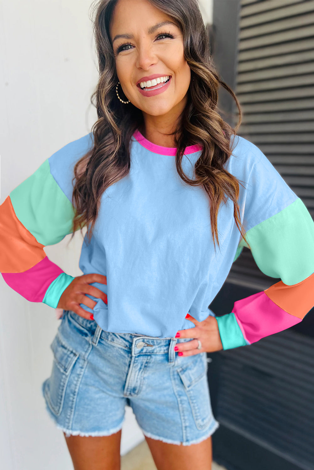 shop Colorblock Patchwork Long Sleeve Top at Faith & Co