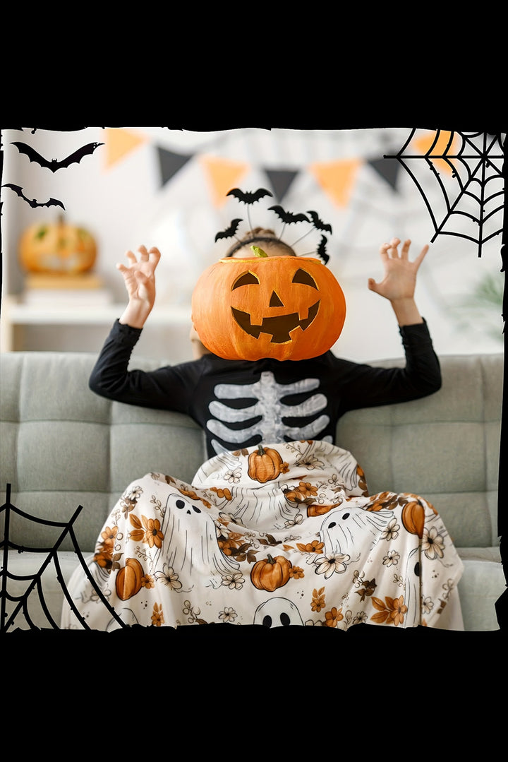 Orange Halloween Ghost Pumpkin Flower Throw Blanket