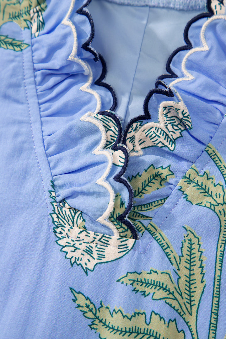Wild Floral Print Scalloped Embroidery Trim V Neck Drop Waist Mini Dress