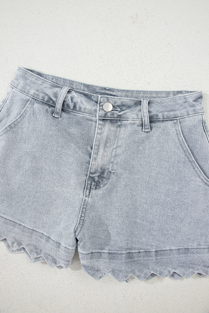 Sail Blue Scalloped Hemline Acid Wash High Waist Denim Shorts