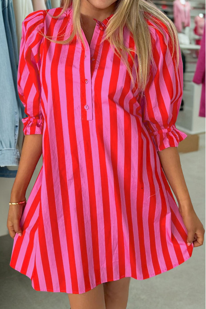 Stripe Half Button Puff Sleeve Loose Mini Dress