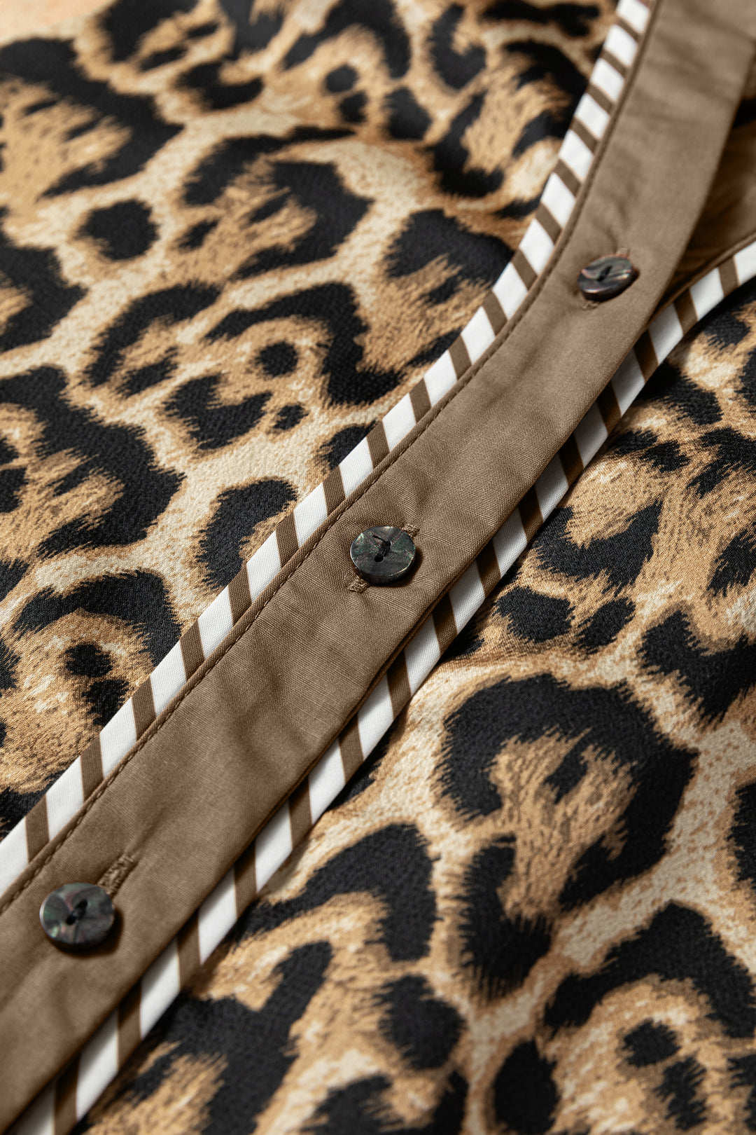 Brown Leopard Collared 3/4 Sleeve Shirt and Loose Pants Two Piece Outfit Set