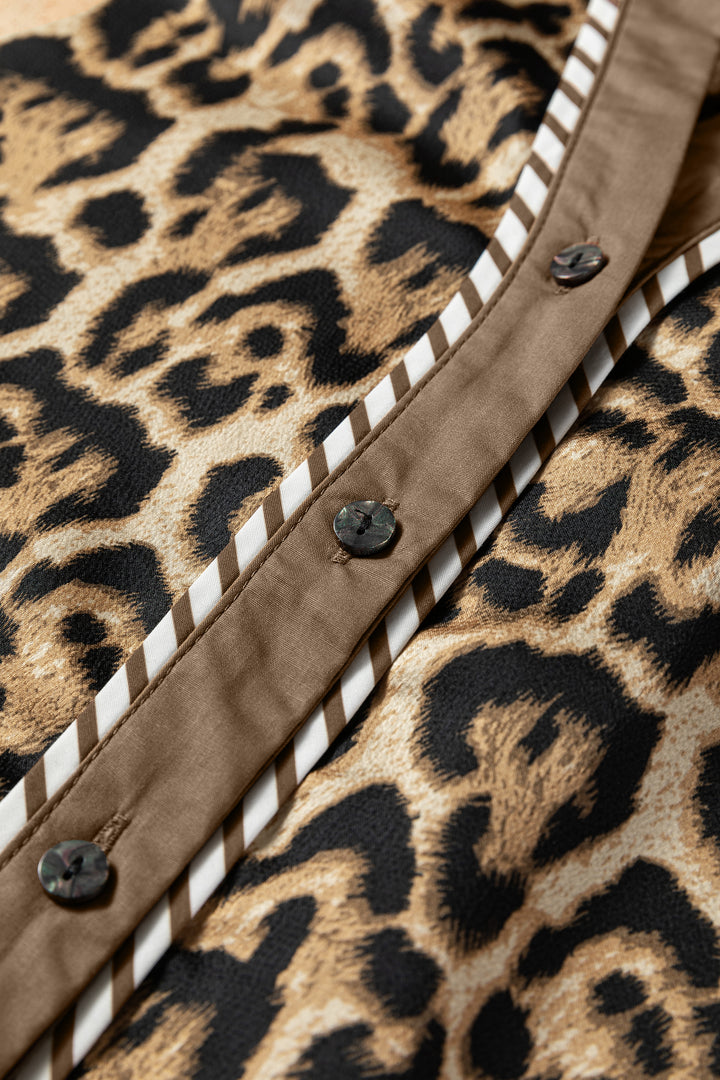 Brown Leopard Collared 3/4 Sleeve Shirt and Loose Pants Two Piece Outfit Set