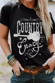 Black Country Music Crazy Graphic Crew Neck T Shirt - Black / S