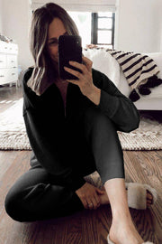 Black Solid Color Half Zipped Top and Drawstring Pants Loungewear Set -