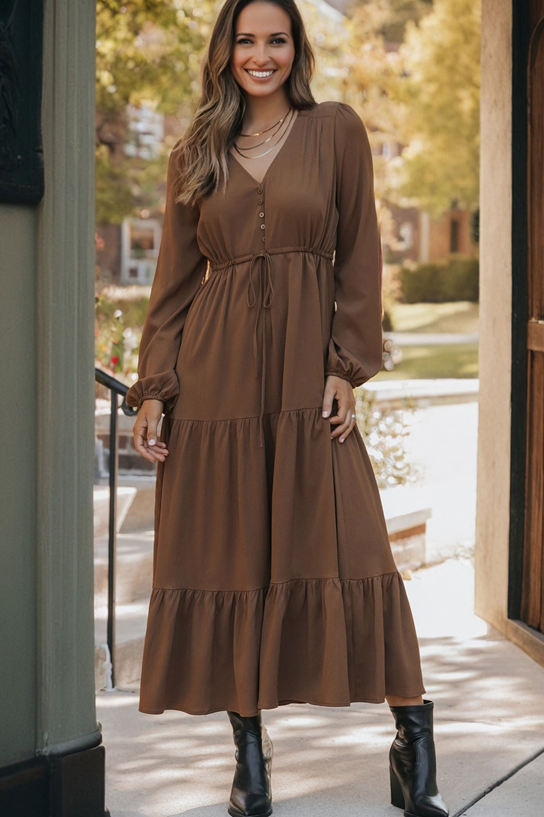 Sybaritic Boutique | Burgundy Solid Long Sleeve Button V Neck Tiered Maxi Dress, Chestnut / M / 100%Polyester Sybaritic Boutique | Burgundy Solid Long Sleeve Button V Neck Tiered Maxi Dress, Chestnut / M / 100%Polyester