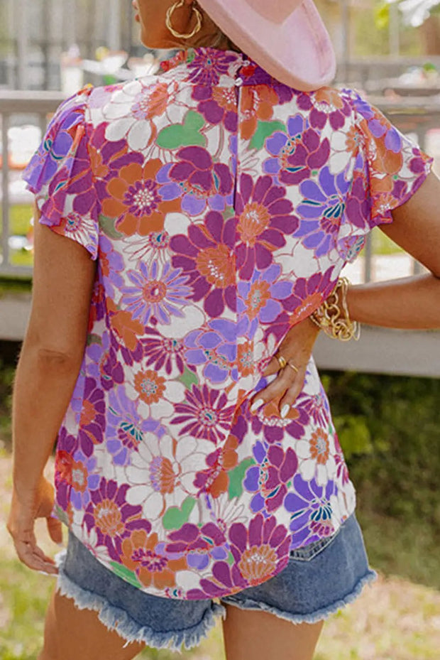 Multicolor Stand Collar Flutter Sleeves Floral Top -