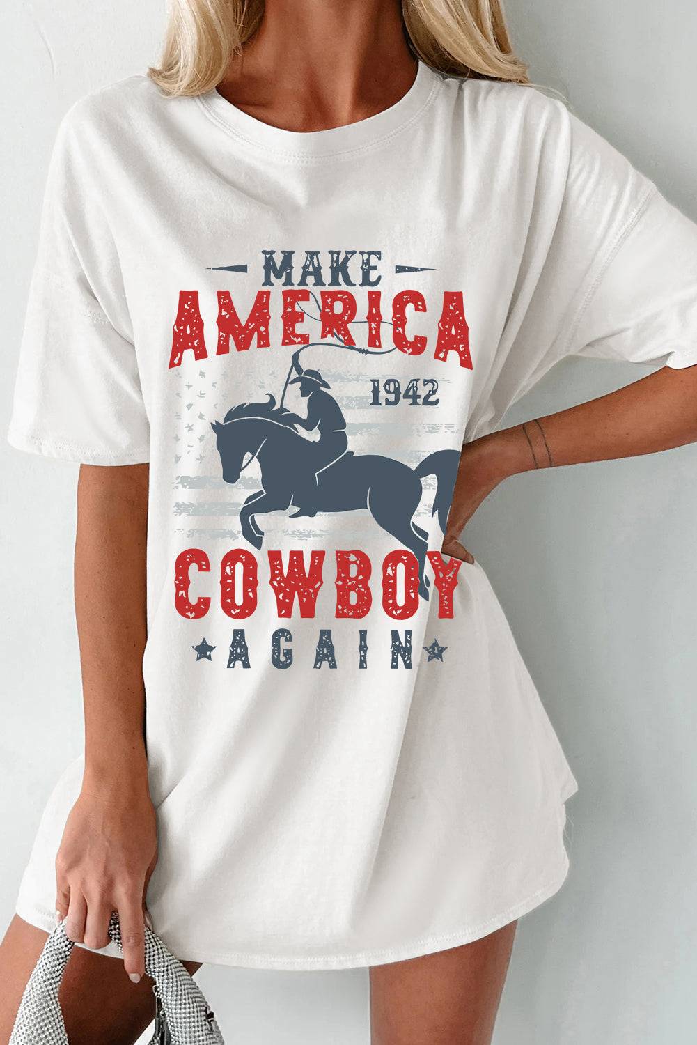 a woman wearing a white t - shirt that says make america cowboy again