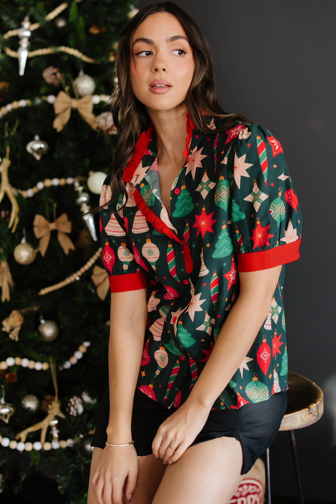 Green Christmas Fashion Print Contrast Trim Frilled Neck Short Sleeve Blouse