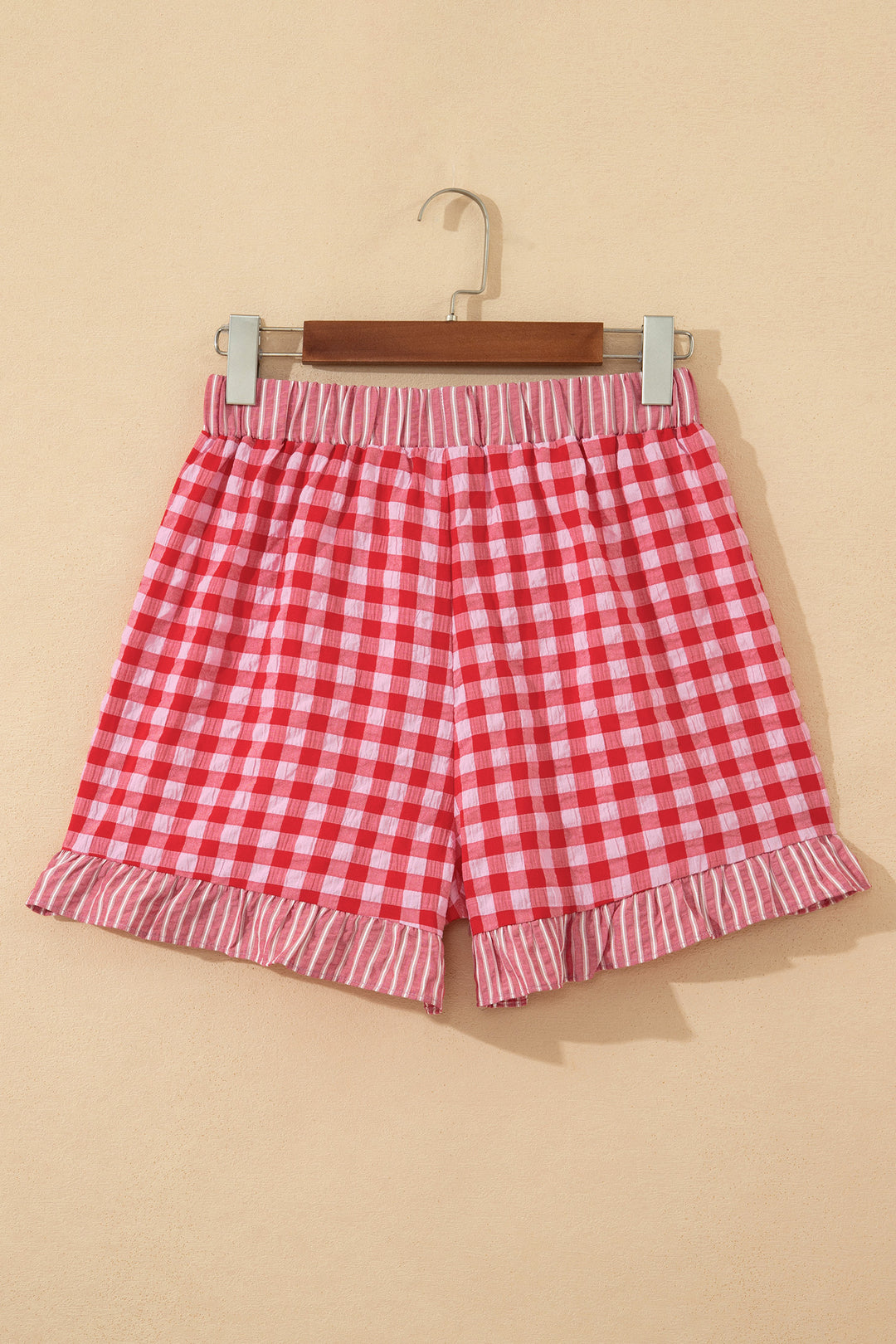 Gingham Print Ruffle Striped Detail Lace Tie Shorts