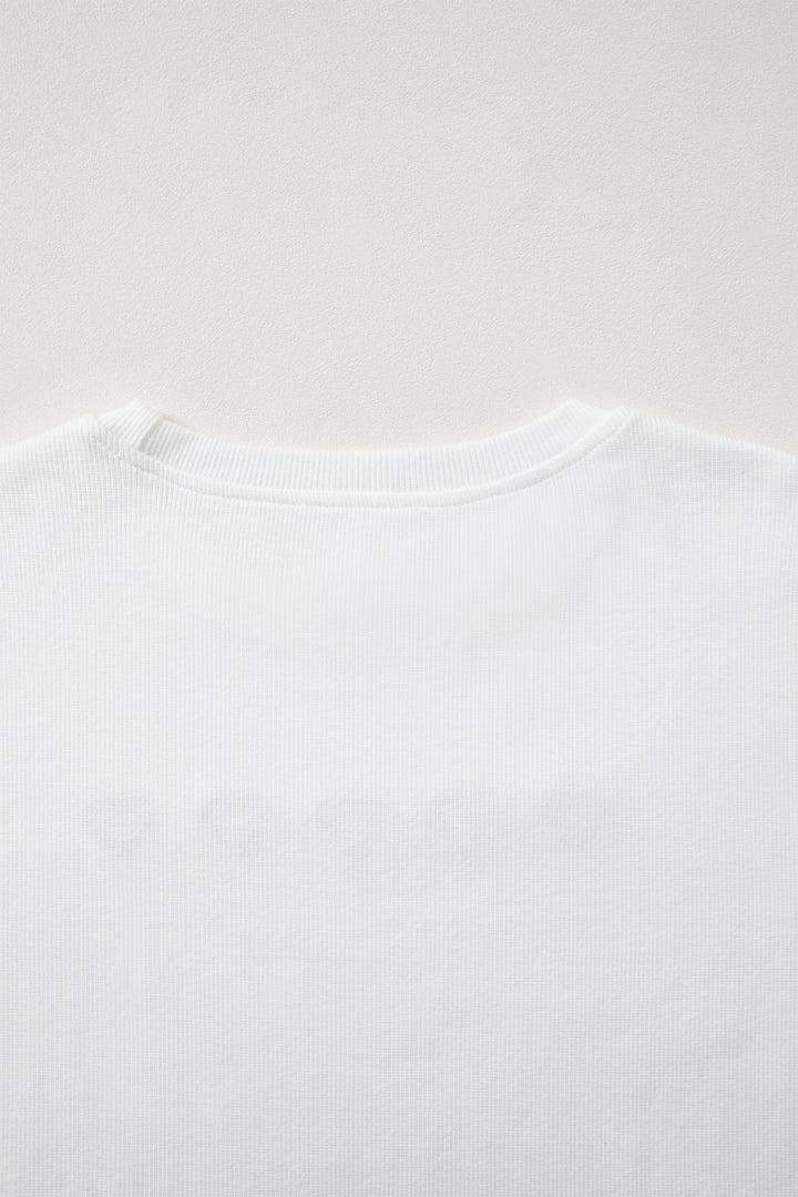 White 3d Ribbed XOXO Heart Embroidered Drop Shoulder Sweatshirt