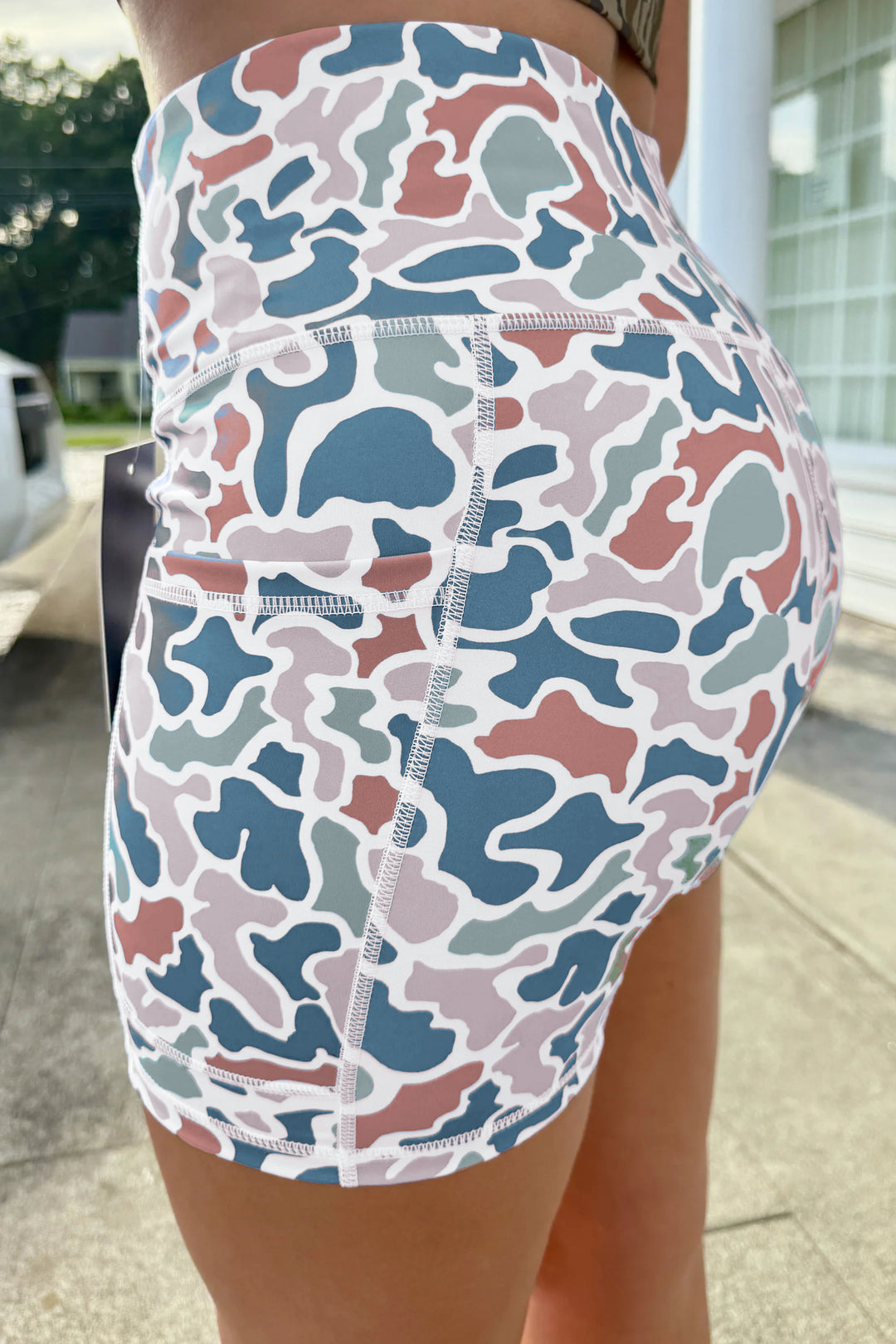 Abstract Camo Printed Seam Detail Biker Shorts