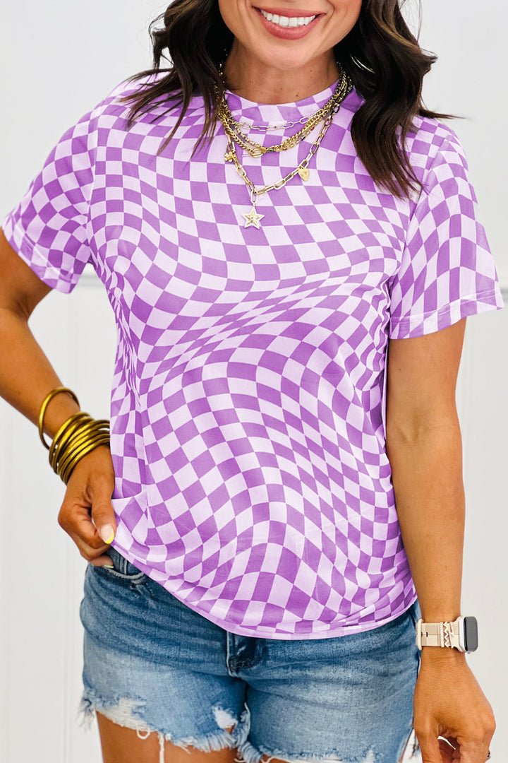 Checkered Print Mock Neck Mesh T Shirt