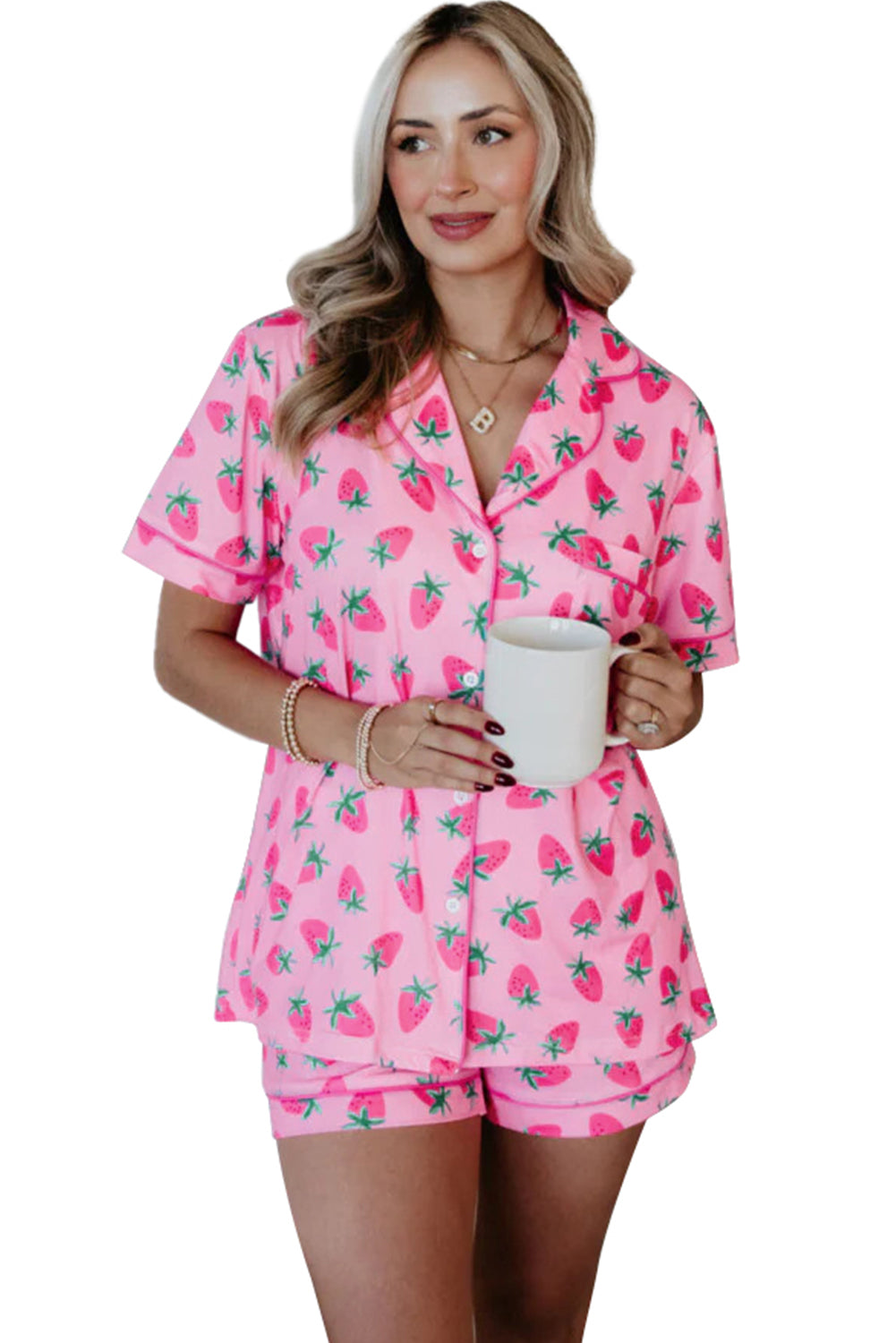 Pink Strawberry Print Lapel Collar Top and Shorts Pajama Set