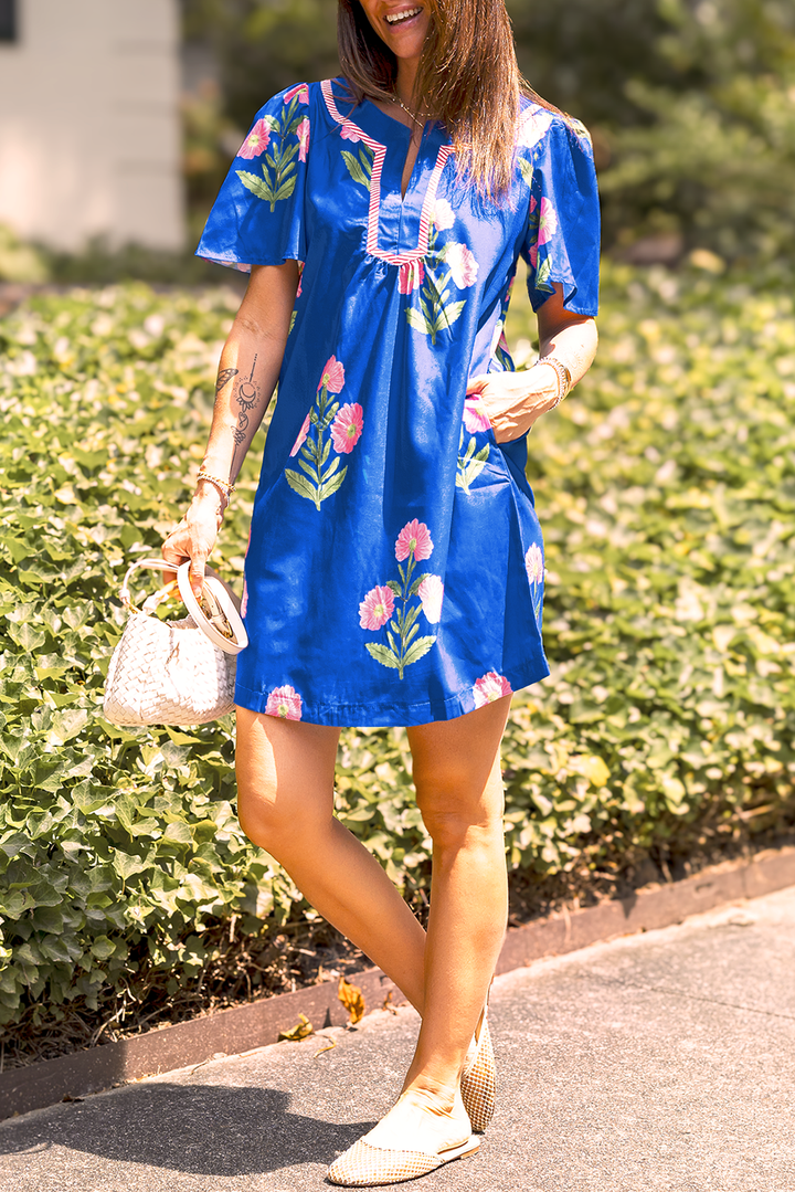 Floral Short Sleeve Split Neck Loose Mini Dress