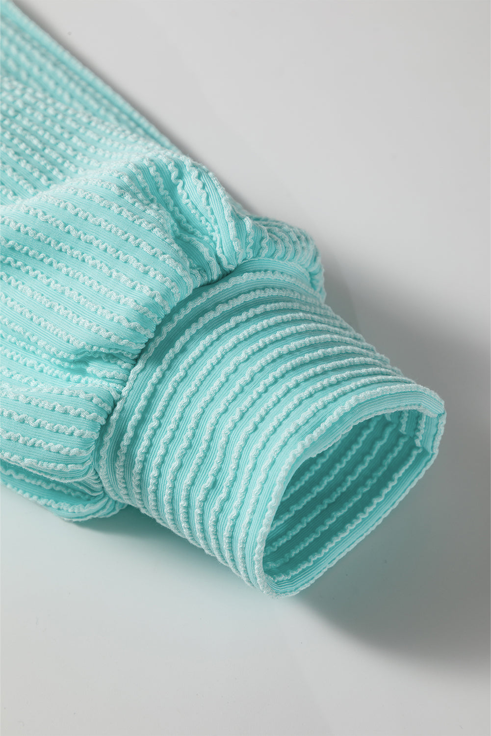 Aruba Blue Corded Texture Plaid Colorblock Patchwork Split Neck Long Sleeve Top