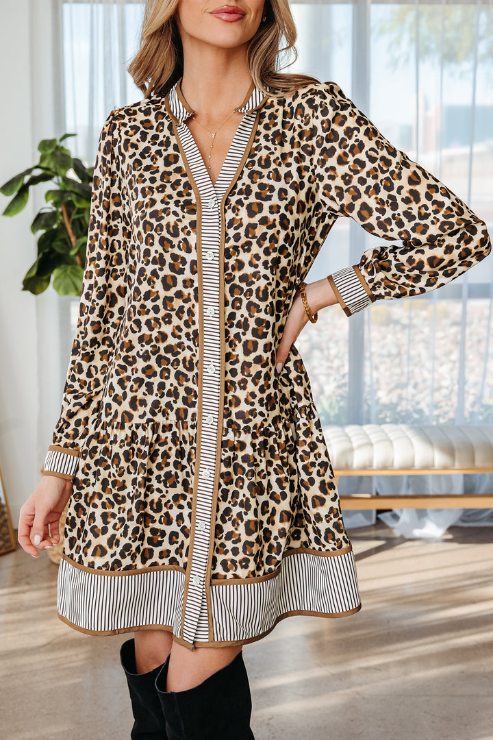 Brown Leopard Print Striped Patchwork 3/4 Sleeve Loose Mini Dress