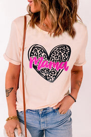 a woman wearing a white shirt with a leopard print heart