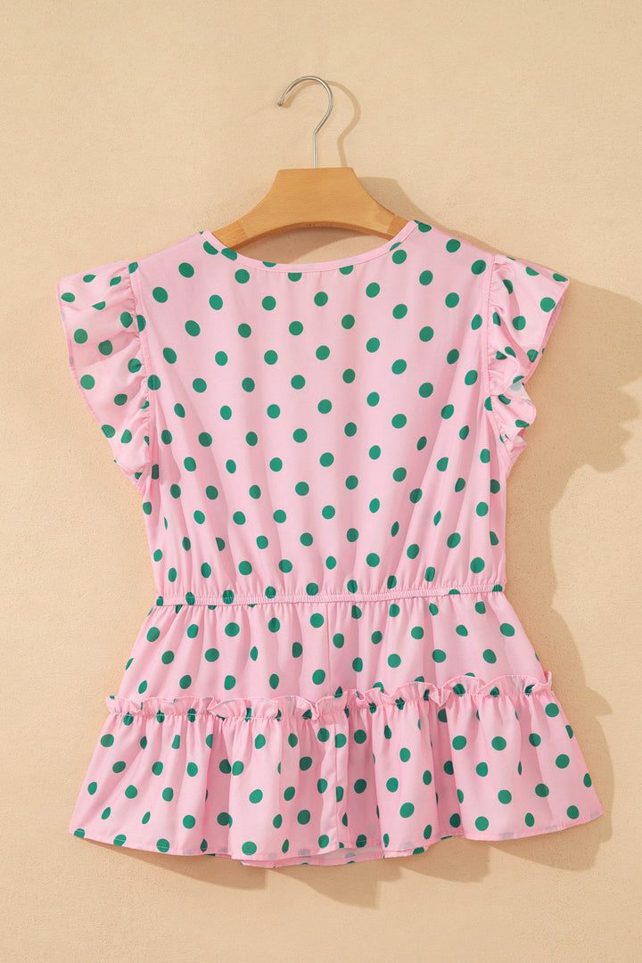 Pink V Neck Polka Dot Print Drawstring Tiered Babydoll Blouse