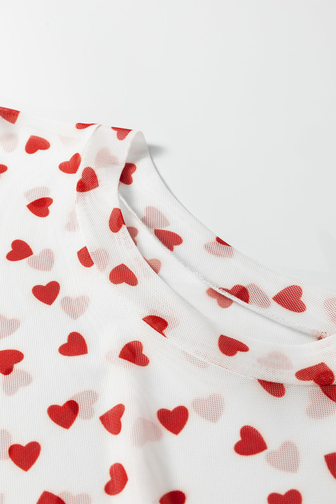 Red Allover Heart Print Mesh Short Sleeve Top