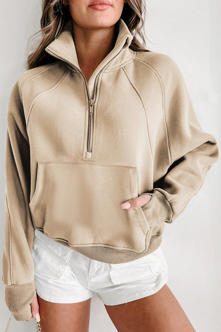 Fleece Lined Zip Up Stand Collar Thumbhole Sleeve Sweatshirt