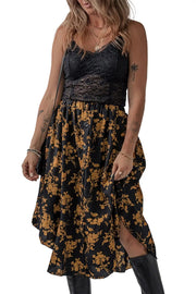 Black Printed Elastic Waist Button Decor Floral Ruffle Skirt -