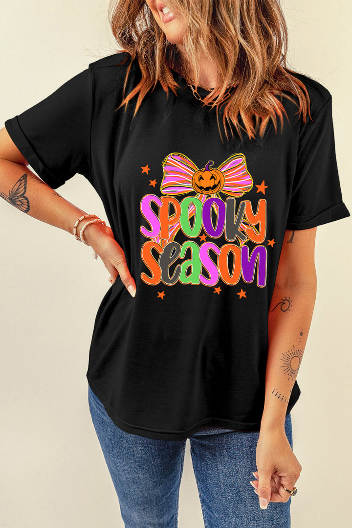 Black SPOOKY SEASON Halloween Pumpkin Bow Print T Shirt