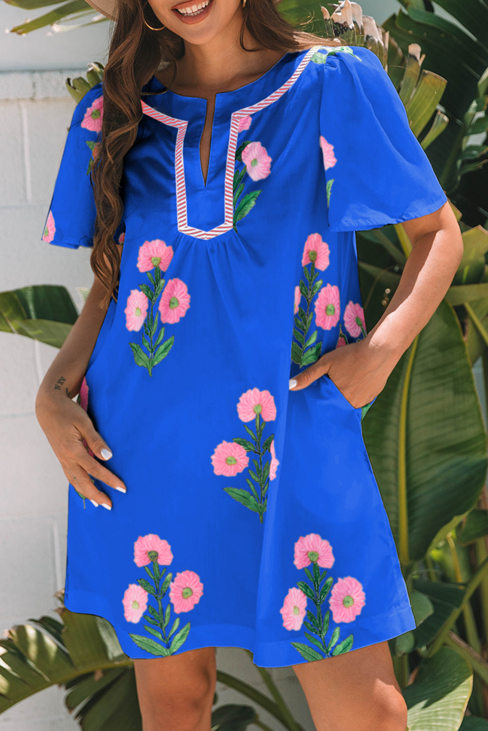 Floral Short Sleeve Split Neck Loose Mini Dress