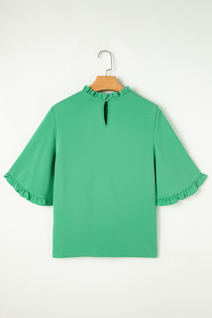 Flat lay back view of Green Frilly Round Neck Wide Half Sleeve Blouse with keyhole closure, great for casual summer outfits.
