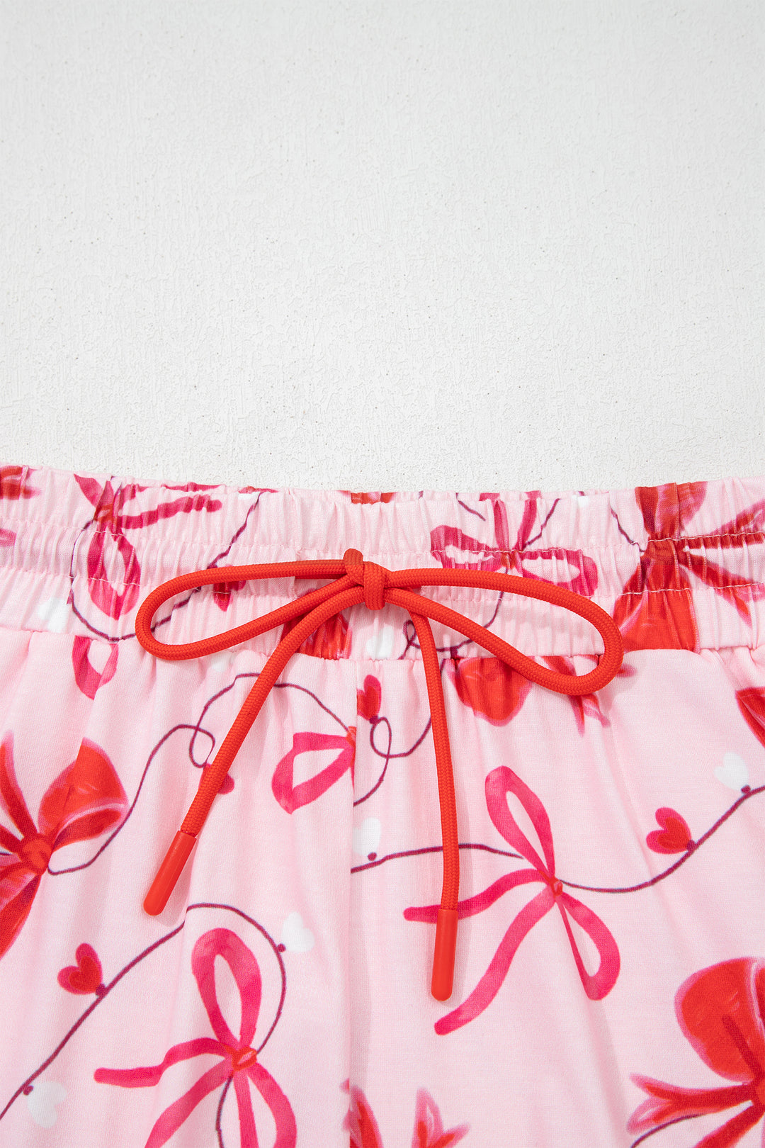 Red Romantic Bow Print Loose Tee Drawstring Shorts 2pcs Lounge Set