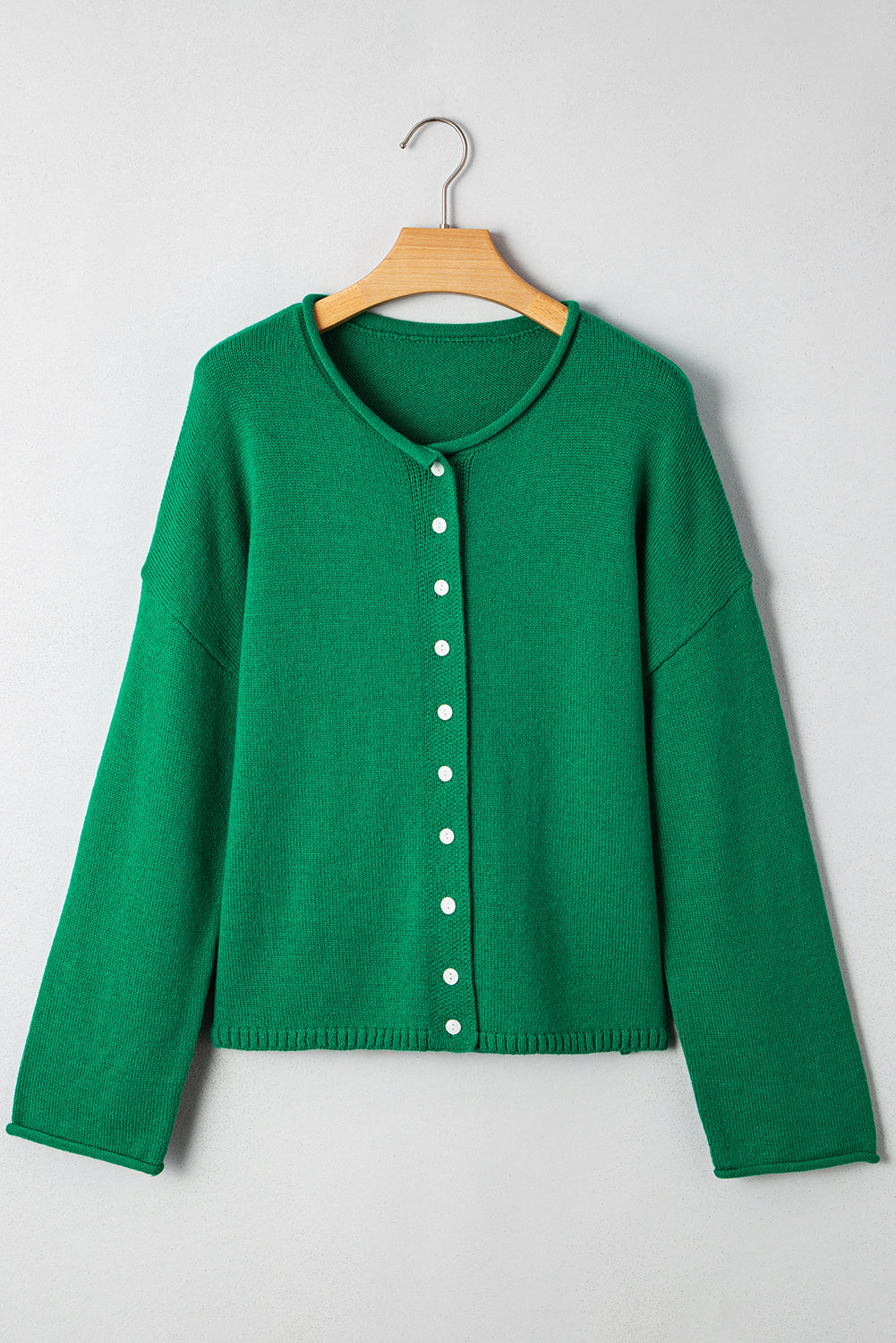 Bright Green Solid Color Knit Button Drop Shoulder Sweater Cardigan