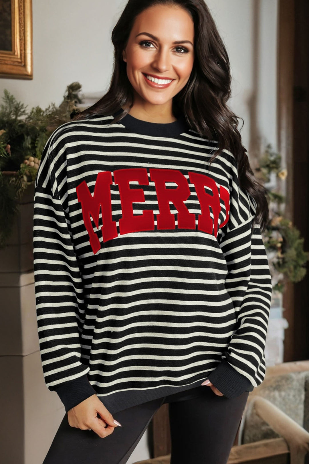 Black Stripe Contrast MERRY Letter Christmas Print Drop Shoulder Sweatshirt