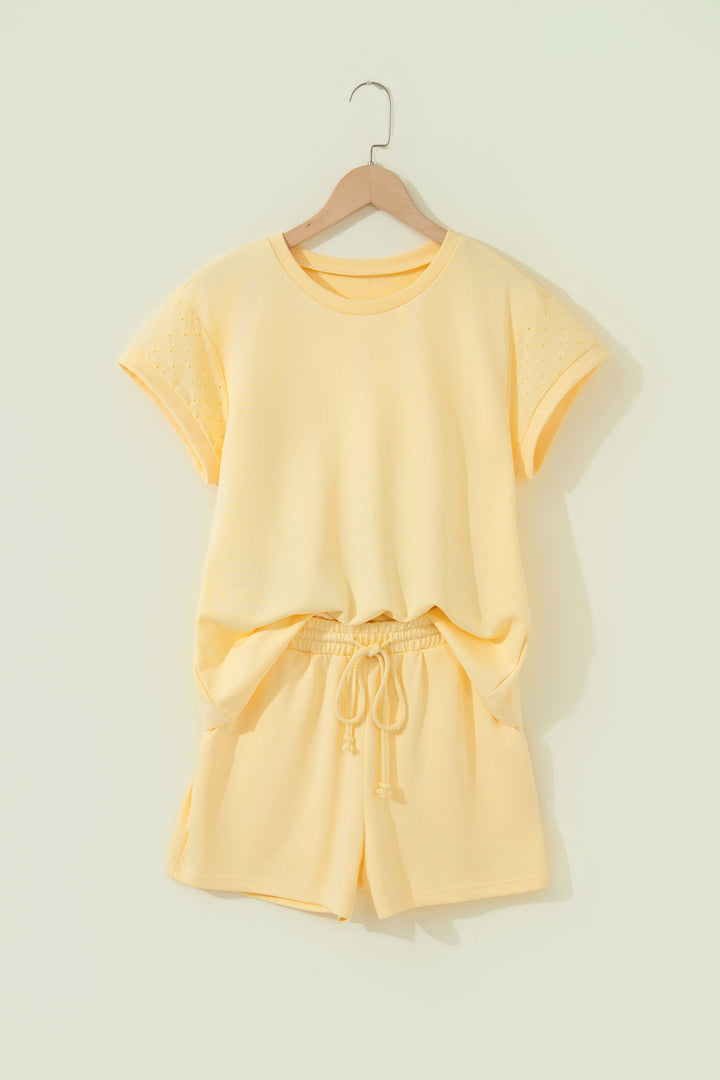 Yellow  Eyelet Lace Patchwork Sleeve Short 2pcs Outfit