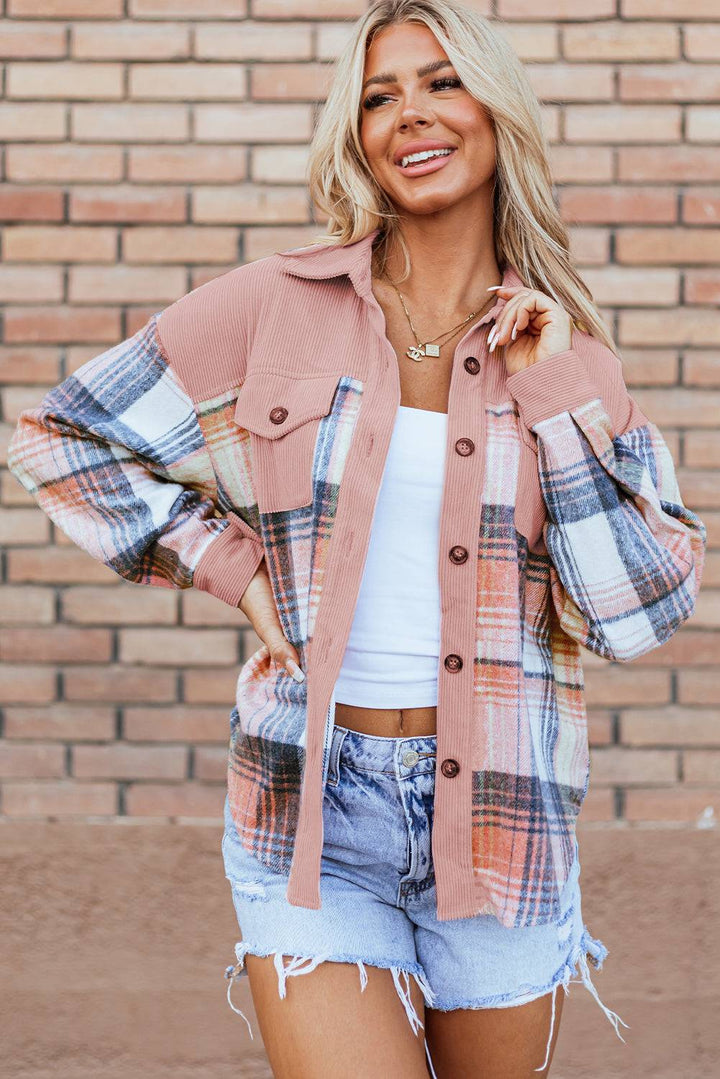 Light cinnamon plaid corduroy patchwork shacket with chest pocket styled with distressed shorts. Shop this cozy fall outerwear at Faith & Co. Boutique.