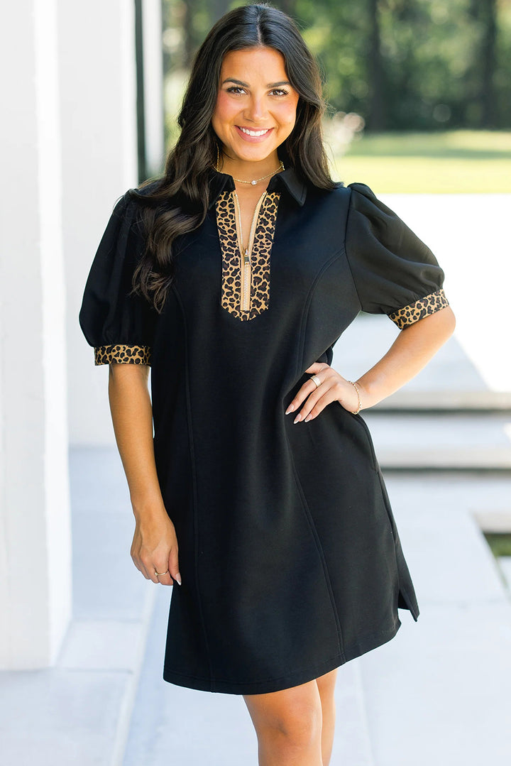 Black Leopard Patchwork Zip Collared Short Puff Sleeve Shift Mini Dress